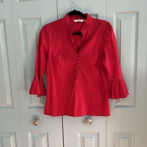 Cambridge Dry Goods Womens Red Blouse Small Embroidered Half Button Bell Sleeve